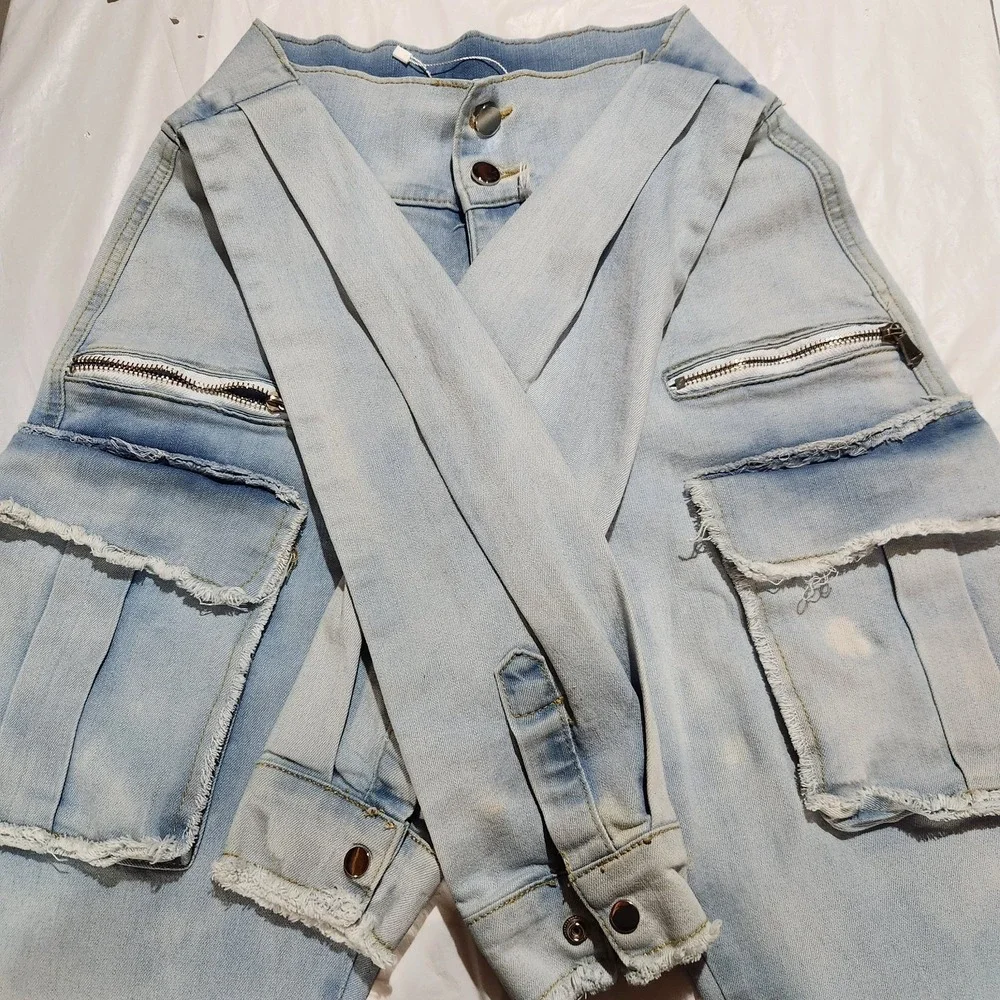 My Boo Brand Distressed High-Waisted Jeans with Tie Belt Size Small Cargo Pocket - Picture 7 of 9